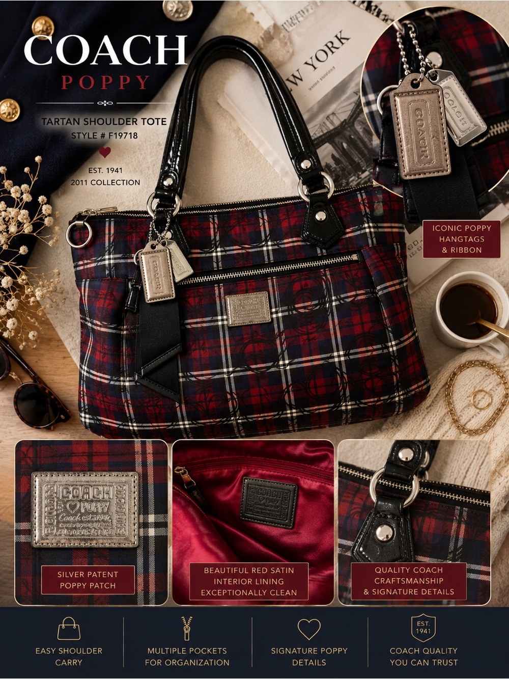 Coach Poppy Y2K 18713 Signature Sateen Tartan Glam Tote Red, Black White - Picture 4 of 16